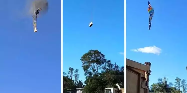 Imagens registradas por populares e compartilhadas nas redes sociais mostram o momento exato em que o balão é consumido pelas chamas e despenca do céu. (Reprodução/ redes sociais)